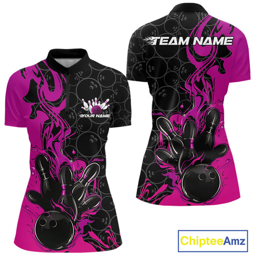 Custom Pink Purple Fire Flame Bowling Team Women Quarter-Zip Shirt, Bowling League Shirt IPHW10187