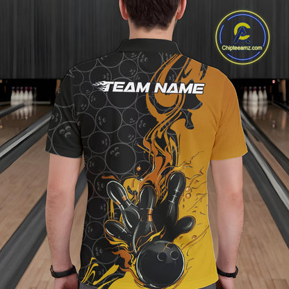 Custom Black And Gold Flame Bowling Team Men Polo Shirts, Yellow Bowling League Shirt IPHW10188
