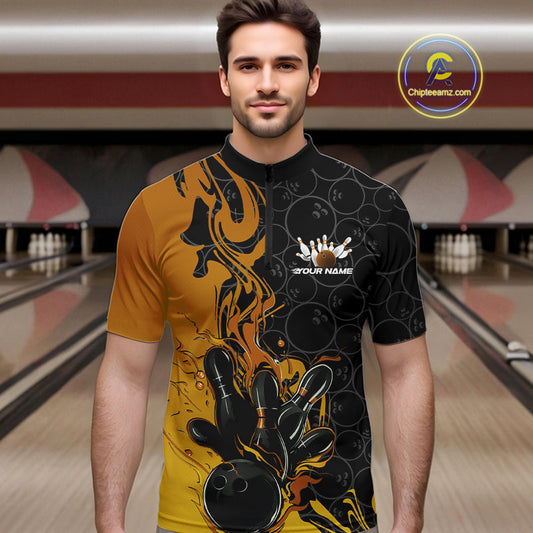 Custom Black And Gold Flame Bowling Team Men Quarter-Zip Shirts, Yellow Bowling League Shirt IPHW10188