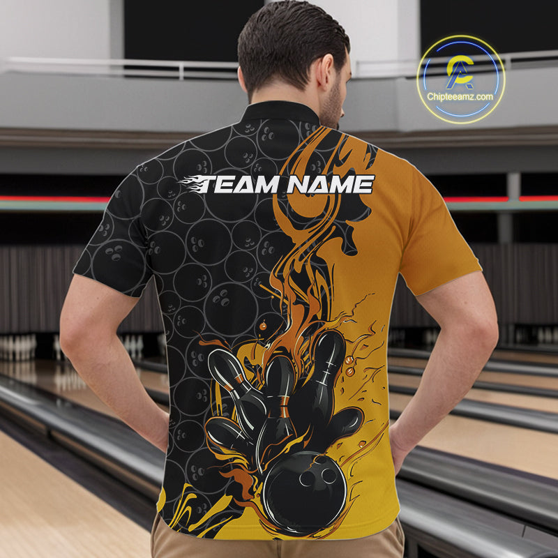 Custom Black And Gold Flame Bowling Team Men Quarter-Zip Shirts, Yellow Bowling League Shirt IPHW10188