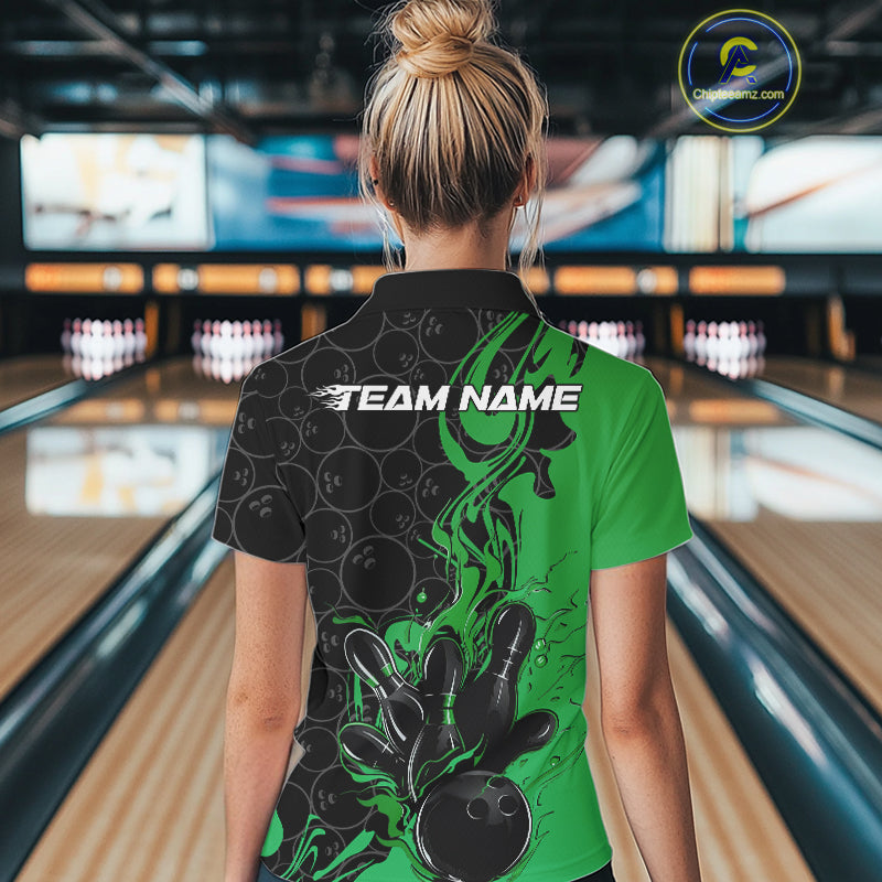 Custom Black And Green Flame Bowling Team Women Polo Shirts, Bowling League Shirt IPHW10189