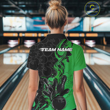 Load image into Gallery viewer, Custom Black And Green Flame Bowling Team Women Polo Shirts, Bowling League Shirt IPHW10189
