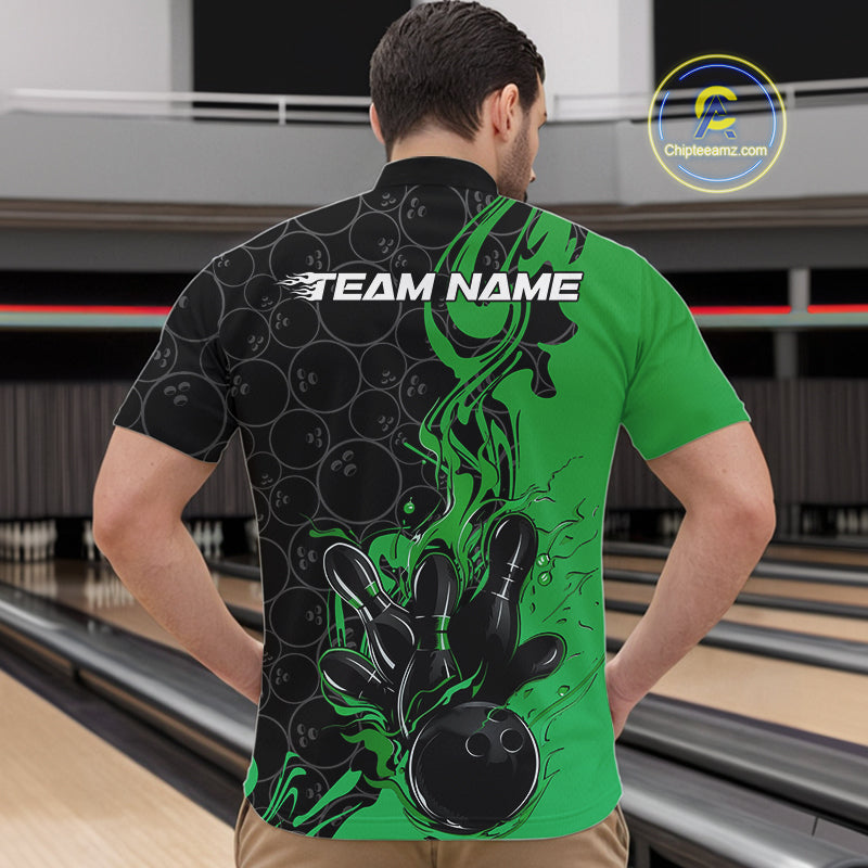 Custom Black And Green Flame Bowling Team Men Quarter-Zip Shirts, Bowling League Shirt IPHW10189