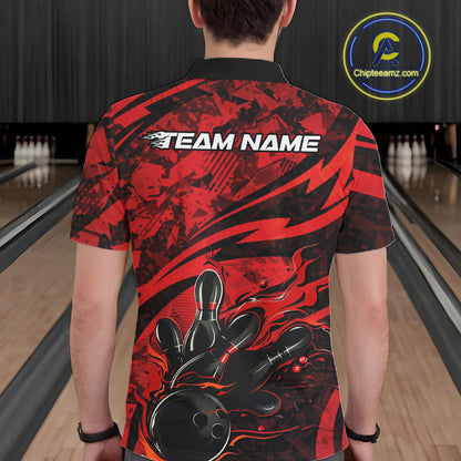 Custom Red Camo Flame Bowling Men Polo Shirts, Camouflage Bowling Team Jerseys IPHW10344