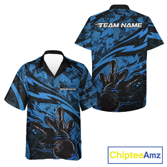 Custom Blue Camo Flame Bowling Men And Women Hawaiian Shirts, Camouflage Bowling Team Jerseys IPHW10345