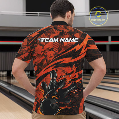 Custom Orange Camo Flame Bowling Men Quarter-Zip Shirts, Camouflage Bowling Team Jerseys IPHW10347