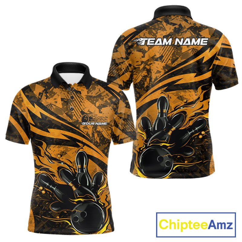 Custom Yellow Camo Flame Bowling Men Polo Shirts, Camouflage Bowling Team Jerseys IPHW10348