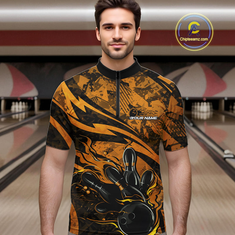 Custom Yellow Camo Flame Bowling Men Quarter-Zip Shirts, Camouflage Bowling Team Jerseys IPHW10348