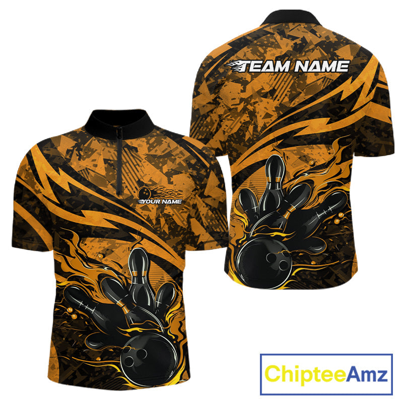 Custom Yellow Camo Flame Bowling Men Quarter-Zip Shirts, Camouflage Bowling Team Jerseys IPHW10348