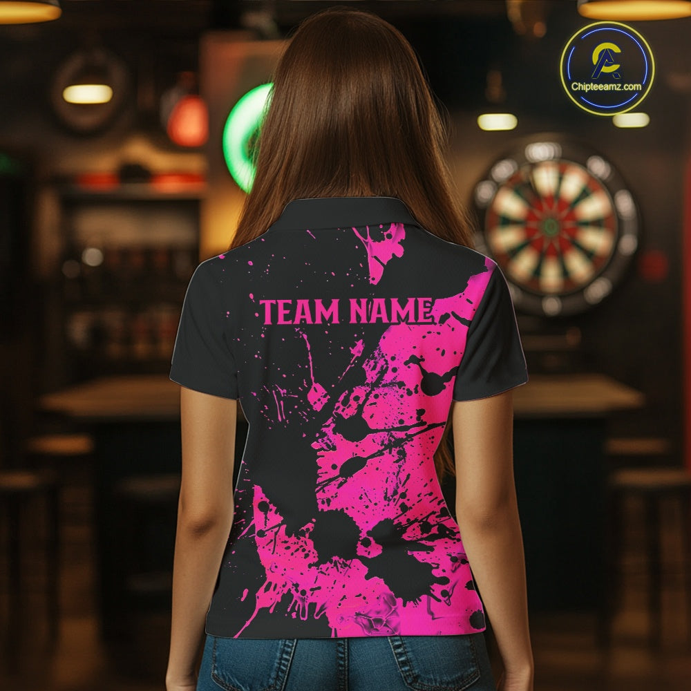 Custom Name Black And Pink Splatter Darts Shirts For Women, Dart Team League Shirts IPHW10622