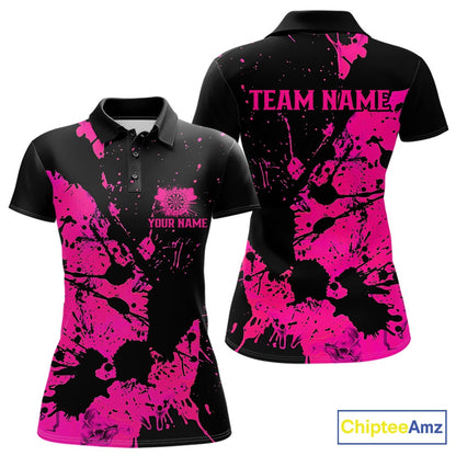 Custom Name Black And Pink Splatter Darts Shirts For Women, Dart Team League Shirts IPHW10622