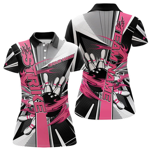Custom Black And Pink Strike Bowling Women Polo Shirts, Bowling Team League Shirt With Name IPHW8758