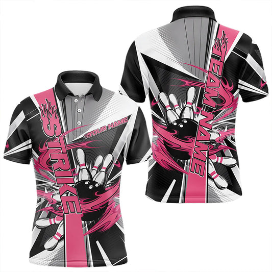 Custom Black And Pink Strike Bowling Men Polo Shirts, Bowling Team League Shirt With Name IPHW8758