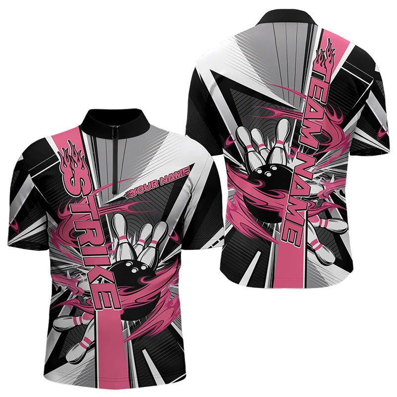 Custom Black And Pink Strike Bowling Men Quarter-Zip Shirts, Bowling Team League Shirt With Name IPHW8758