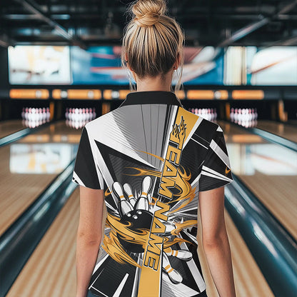 Custom Black And Yellow Strike Bowling Women Quarter-Zip Shirts, Bowling Team Uniform IPHW8759