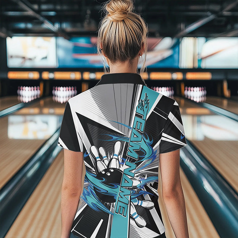 Custom Black And Blue Strike Bowling Women Polo Shirts, Bowling Team League Shirt With Name IPHW8760