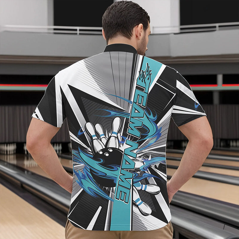 Custom Black And Blue Strike Bowling Men Quarter-Zip Shirts, Bowling Team League Shirt With Name IPHW8760