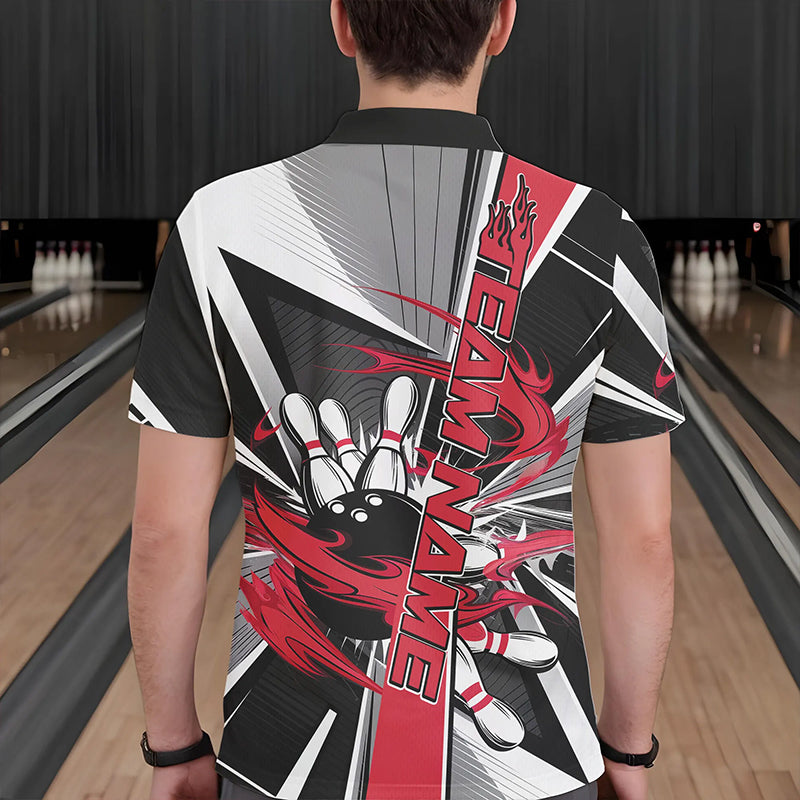 Custom Black And Red Strike Bowling Men Polo Shirts, Bowling Team League Shirt With Name IPHW8761