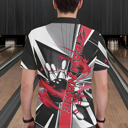 Custom Black And Red Strike Bowling Men Polo Shirts, Bowling Team League Shirt With Name IPHW8761