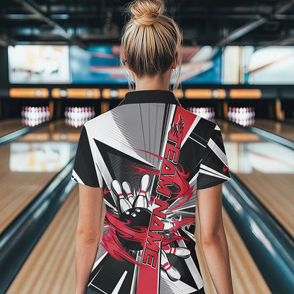 Custom Black And Red Strike Bowling Women Polo Shirts, Bowling Team League Shirt With Name IPHW8761