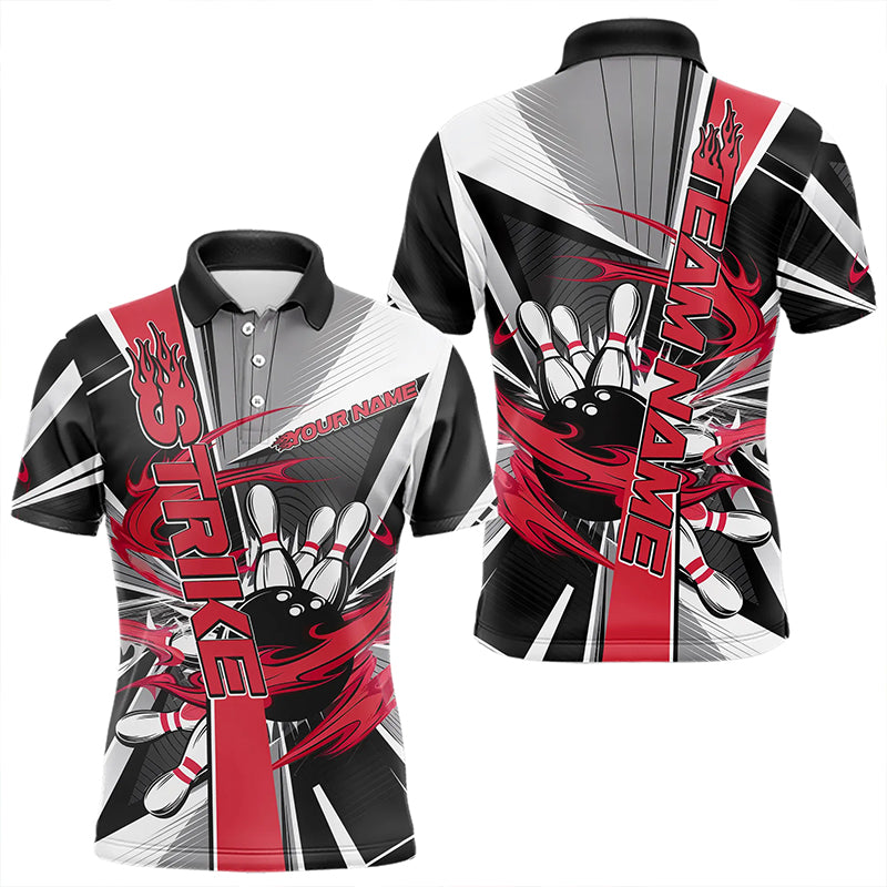 Custom Black And Red Strike Bowling Men Polo Shirts, Bowling Team League Shirt With Name IPHW8761