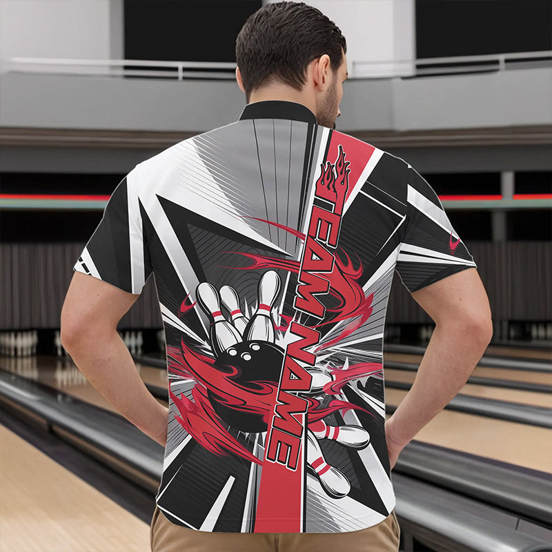 Custom Black And Red Strike Bowling Men Quarter-Zip Shirts, Bowling Team League Shirt With Name IPHW8761