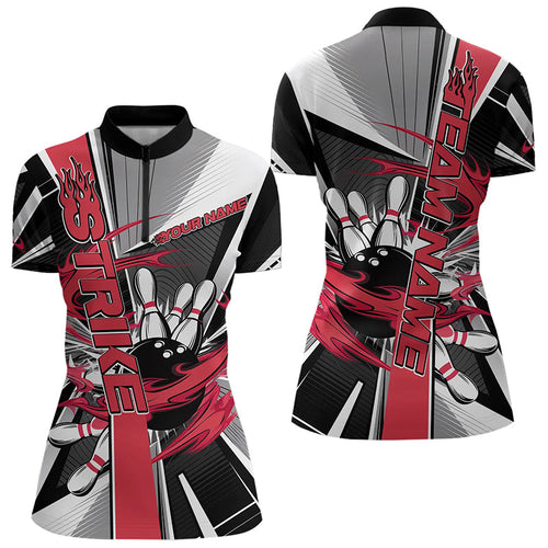 Custom Black And Red Strike Bowling Women Quarter-Zip Shirts, Bowling Team League Shirt IPHW8761