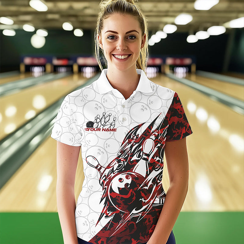 Custom Red Camouflage Bowling Polo Shirt For Women, Camo Bowling Team Uniform Bowler Outfit IPHW8771