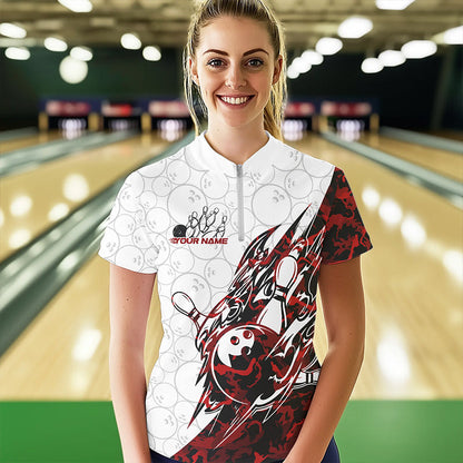 Custom Red Camouflage Bowling Women Quarter-Zip Shirts, Camo Bowling Team Uniform IPHW8771
