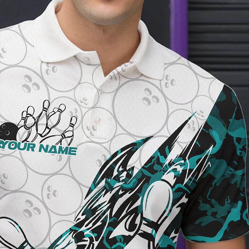 Custom Turquoise Blue Camouflage Bowling Polo Shirts For Men, Bowling Team Uniform Bowler Outfit IPHW8772