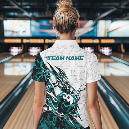Custom Turquoise Blue Camouflage Bowling Women Polo Shirts, Team Uniform Bowler Outfit IPHW8772