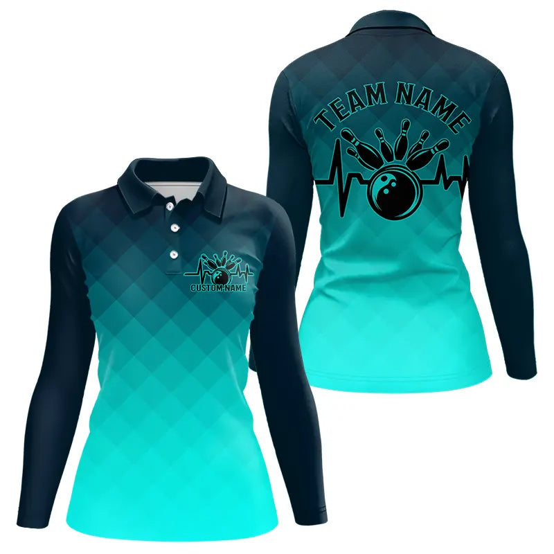 Bowling Heartbeat Pulse Line Blue Argyle Custom Bowling Team Long Sleeve Polo Shirt For Women IPHW6253