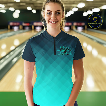 Bowling Heartbeat Pulse Line Blue Argyle Custom Bowling Team Shirts For Women IPHW6253