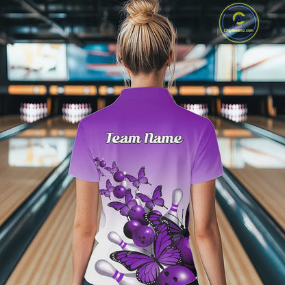 Custom Purple Gradient Butterfly Bowling Women Polo Shirts For Team, Bowling League Shirt IPHW9006