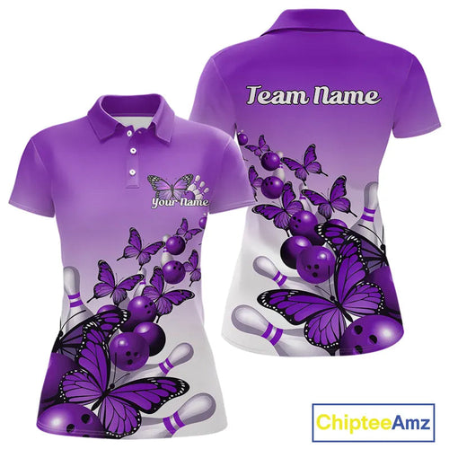 Custom Purple Gradient Butterfly Bowling Women Polo Shirts For Team, Bowling League Shirt IPHW9006