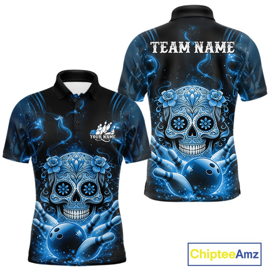 Front and back view of a black and blue men’s bowling polo shirt featuring a floral sugar skull above a bowling ball with bowling pins in Day of the Dead style.