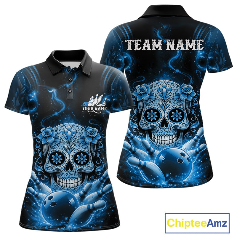 Front and back view of a black and blue women’s bowling polo shirt featuring a floral sugar skull above a bowling ball and pins in Day of the Dead style.