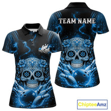 Load image into Gallery viewer, Custom Blue Sugar Skull Bowling Women Polo Shirt, Halloween Team Bowling Outfit IPHW11146