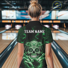 Load image into Gallery viewer, Custom Green Sugar Skull Bowling Women Polo Shirt, Halloween Team Bowling Outfit IPHW11147