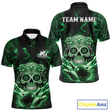 Load image into Gallery viewer, Custom Green Sugar Skull Bowling Men Polo Shirt, Halloween Team Bowling Outfit IPHW11147