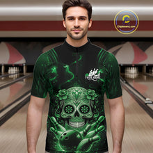 Load image into Gallery viewer, Custom Green Sugar Skull Bowling Men Quarter-Zip Shirt, Halloween Team Bowling Outfit IPHW11147