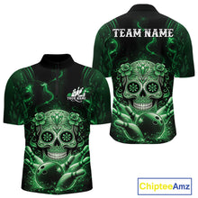 Load image into Gallery viewer, Custom Green Sugar Skull Bowling Men Quarter-Zip Shirt, Halloween Team Bowling Outfit IPHW11147