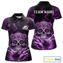 Load image into Gallery viewer, Custom Purple Sugar Skull Bowling Women Polo Shirt, Halloween Team Bowling Outfit IPHW11148