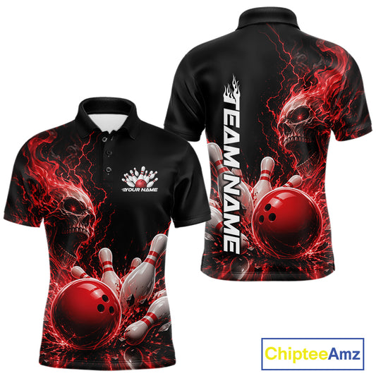 Front and back mockup of a black men's bowling polo featuring a red flaming skull, lightning, bowling pins, and a custom name.
