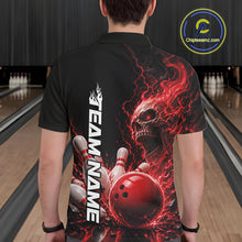 Load image into Gallery viewer, Back view of a male model in a bowling alley wearing a black bowling polo with a red flaming skull, lightning, bowling pins, and a custom name.
