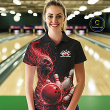 Load image into Gallery viewer, Custom Name Red Flame Skull Bowling Women Polo Shirts, Halloween Team Bowling Outfit IPHW11391