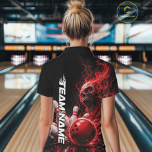 Load image into Gallery viewer, Custom Name Red Flame Skull Bowling Women Polo Shirts, Halloween Team Bowling Outfit IPHW11391