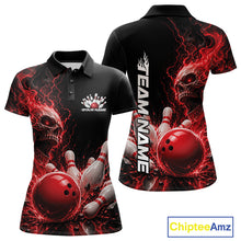 Load image into Gallery viewer, Custom Name Red Flame Skull Bowling Women Polo Shirts, Halloween Team Bowling Outfit IPHW11391