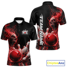 Load image into Gallery viewer, Front and back mockup of a black men's bowling polo featuring a red flaming skull, lightning, bowling pins, and a custom name.
