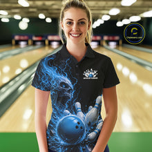 Load image into Gallery viewer, Custom Name Blue Flame Skull Bowling Women Polo Shirts, Halloween Team Bowling Outfit IPHW11392